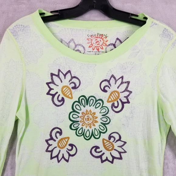Free People Top Women L Green Burnout Floral Printed Lounge Long Sleeve Boho Tee - Picture 9 of 10